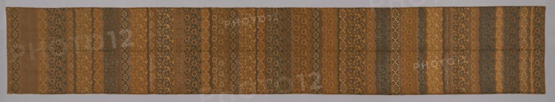 Obi (Belt), late Edo period (1789–1868)/ Meiji period (1868–1912), 19th century, Japan, All-over pattern of geometric and floral designs, in shades of green, brown, gold and silver, 418.5 × 68.3 cm (164 3/4 × 26 7/8 in.)