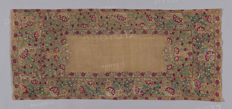 Cushion Cover, 18th century, Greece, Epirus Province or Ionian Island, Greece, Linen, plain weave, embroidered with silk in closed herringbone, satin, stem, and twined double running stitches, 53.7 × 121.6 cm (21 1/8 × 47 7/8 in.)