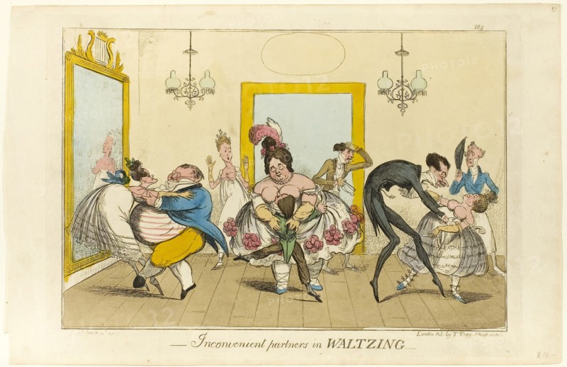 Inconvenient Partners in Waltzing, 1817/19, Isaac Robert Cruikshank (English, 1789-1856), published by Thomas Tegg (English, 1776-1846), England, Hand-colored etching on paper, 222 × 328 mm (image), 250 × 359 mm (plate), 267 × 410 (sheet)