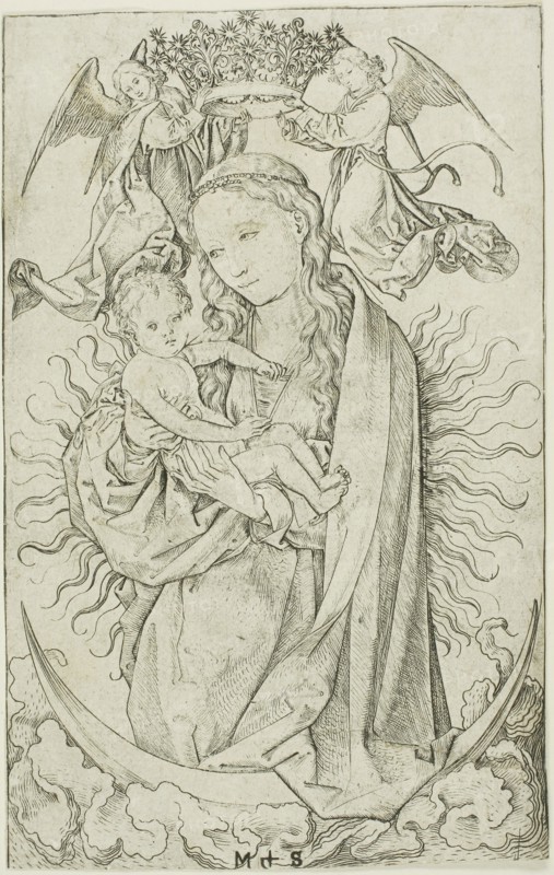 The Madonna on the Crescent Crowned by Two Angels, 1470–75, Martin Schongauer, German, c. 1450-1491, Germany, Engraving on paper, 173 × 110 mm (sheet trimmed to plate mark)