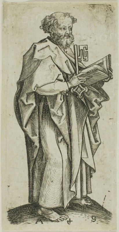 St. Peter, from Apostles, n.d., Martin Schongauer, German, c. 1450-1491, Germany, Engraving on paper, 89 × 43 mm (plate), 91 × 46 mm (sheet)