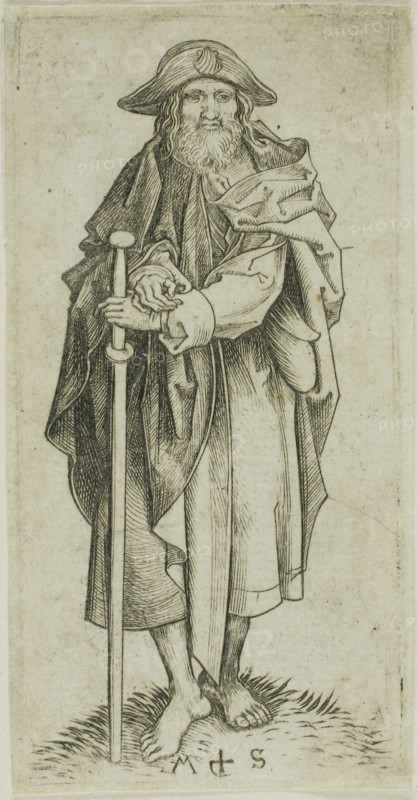 St. James Major, from Apostles, n.d., Martin Schongauer, German, c. 1450-1491, Germany, Engraving on paper, 89 × 43 mm (plate), 90 × 46 mm (sheet)