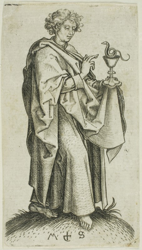 St. John, from Apostles, n.d., Martin Schongauer, German, c. 1450-1491, Germany, Engraving on paper, 90 × 50 mm (plate), 91 × 51 mm (sheet)