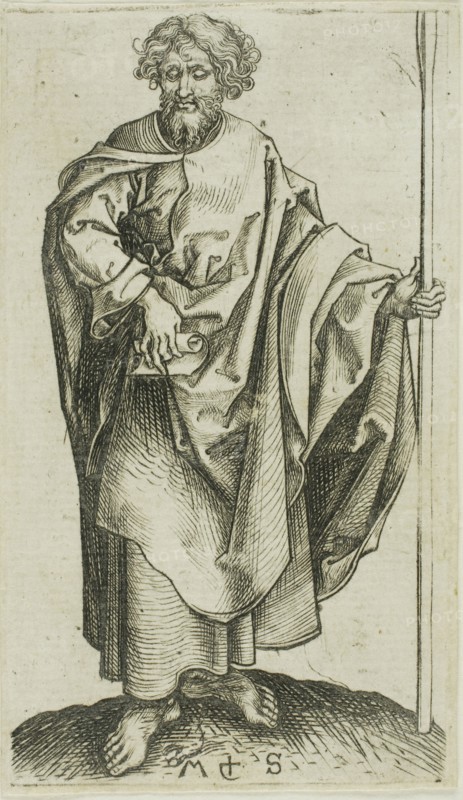 St. Thomas, from Apostles, n.d., Martin Schongauer, German, c. 1450-1491, Germany, Engraving on paper, 90 × 50 mm (plate), 91 × 53 mm (sheet)