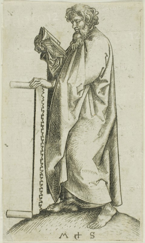 St. Simon, from Apostles, n.d., Martin Schongauer, German, c. 1450-1491, Germany, Engraving on paper, 90 × 51 mm (plate), 90 × 52 mm (sheet)