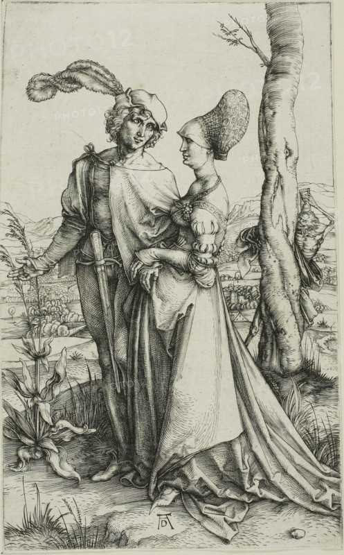 Young Couple Threatened by Death (The Promenade), c. 1498, Albrecht Dürer, German, 1471-1528, Germany, Engraving in black on ivory laid paper, 196 × 120 mm (image/sheet)