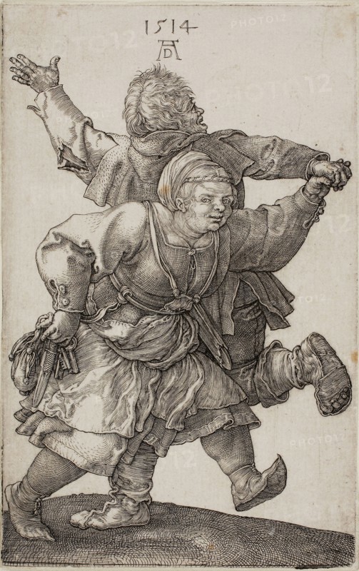 Peasant Couple Dancing, 1514, Albrecht Dürer, German, 1471-1528, Germany, Engraving in black on ivory laid paper, 118 × 75 mm (image/sheet)