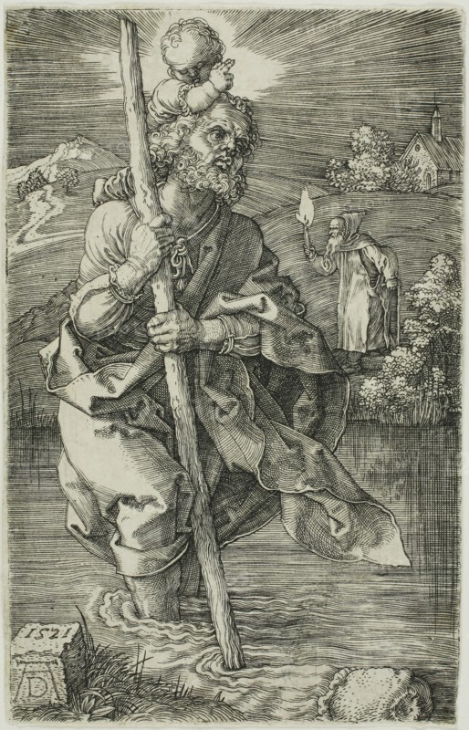St. Christopher Facing to the Right, 1521, Albrecht Dürer, German, 1471-1528, Germany, Engraving in black on ivory laid paper, 118 × 75 mm (image/sheet)