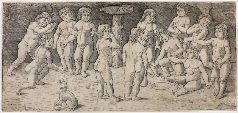 Twelve Cupids Playing, c. 1477, Giovanni Pietro da Birago, Italian, 1471/4-1513, Italy, Engraving in black on paper, 127 × 279 mm
