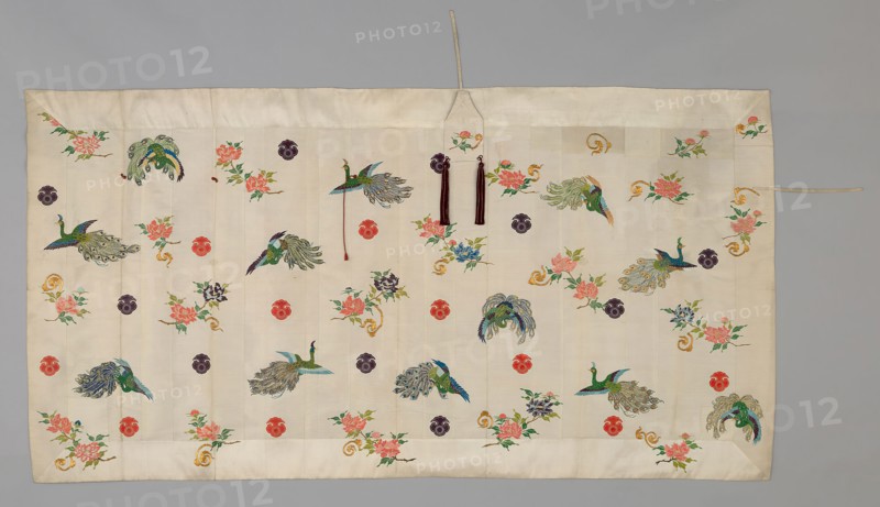 Kesa, Late 19th century, Meiji period (1868–1912), Japan, Silk, plain weave, embroidered and appliqued with silk and gilt-paper-strip-wrapped silk, silk cord and tassels, 117.5 × 221 cm (46 1/4 × 87 in.)