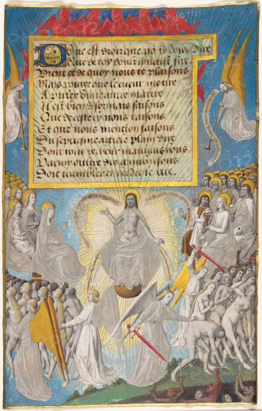 The Last Judgment from Les Sept Articles de la Foi by Jean Chappuis, c. 1470, Maître François, French, active 1450-1499, France, Manuscript cutting in tempera and gold leaf, and letter bâtarde inscriptions in brownish-black ink, unruled, with decorated initial, on parchment, 237 × 172 mm