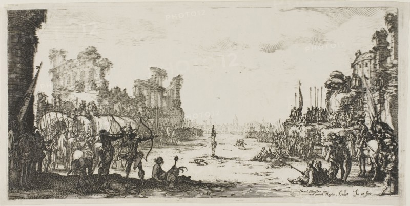 The Ordeal by Arrows (Saint Sebastian), n.d., Jacques Callot, French, 1592-1635, France, Etching on paper, 162 × 328 mm (plate), 170 × 339 mm (sheet)