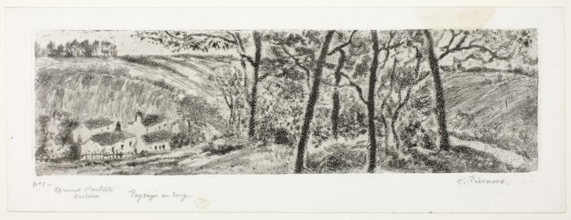Landscape Panorama, 1879, Camille Pissarro, French, 1830-1903, France, Etching and aquatint in black on white wove paper, 113 × 393 mm (image), 116 × 397 mm (plate), 161 × 436 mm (sheet)