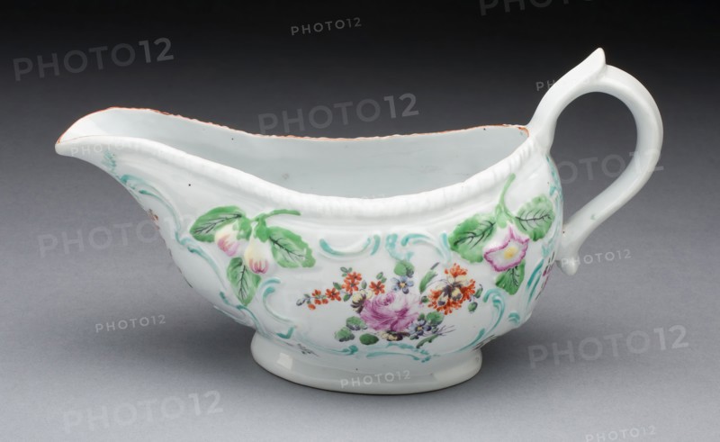 Sauceboat, 1760/70, Derby Porcelain Manufactory, England, 1750-1848, Derby, Soft-paste porcelain, polychrome enamels and gilding, 11.1 × 20.3 × 9.4 cm (4 3/8 × 8 × 3 11/16 in.)