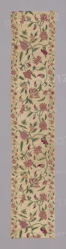 Panel, 18th century, Queen Anne period, England, Linen, plain weave, embroidered in polychrome silk yarns in chain and running stitches, 222.5 × 44 cm (87 1/2 × 17 3/8 in.)