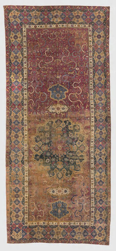 Carpet, Early 17th century, Persia, Tabriz, Tabriz, Cotton and wool, plain weave with supplementary wrapping wefts forming cut pile through a technique known as "Sehna knots
