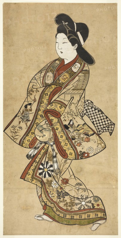 A Beauty Walking, 17th century, Sugimura Jihei, Japanese, active c. 1681-98, Japan, Hand-colored woodblock print, o-oban, sumizuri-e, 56.8 × 27.9 cm