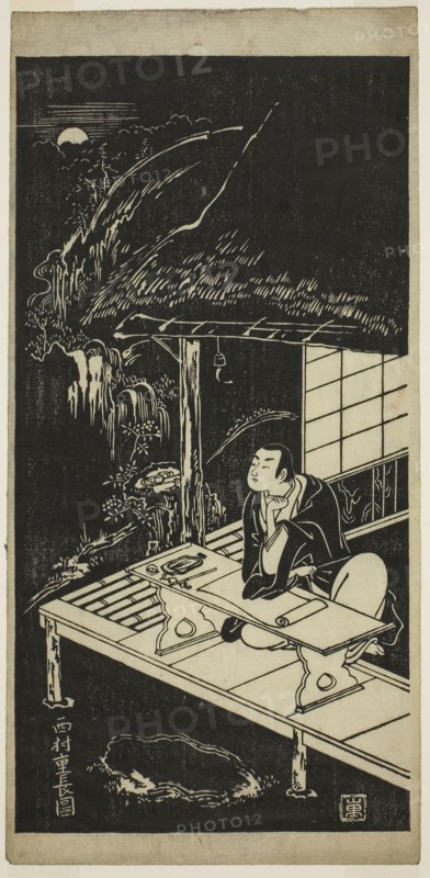 Man in Thatched Hut Viewing the Moon, c. 1740s, Nishimura Shigenaga, Japanese, 1697 (?)-1756, Japan, Woodblock print, hosoban, sumizuri-e, 31.9 × 15.2 cm (12 9/16 × 6 in.)