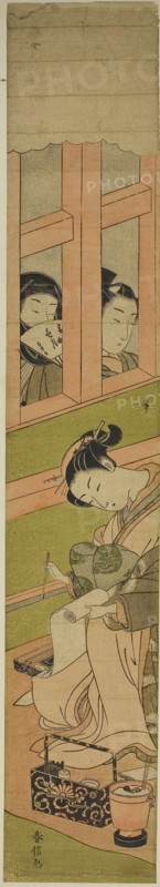 Courtesan Writing a Letter as Two Men Watch through a Window Lattice, c. 1769/70, Suzuki Harunobu ?? ??, Japanese, 1725 (?)-1770, Japan, Color woodblock print, hashira-e, 27 3/8 x 4 3/4 in.