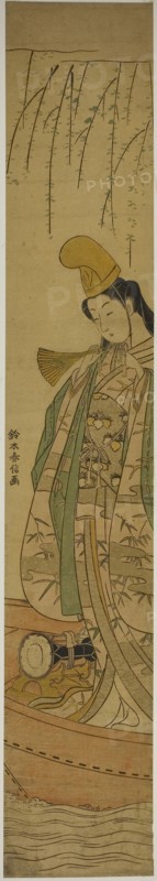 Shirabyoshi Dancer Standing in Asazuma Boat, c. 1767, Suzuki Harunobu ?? ??, Japanese, 1725 (?)-1770, Japan, Color woodblock print, hashira-e, 28 1/4 x 4 3/4 in.