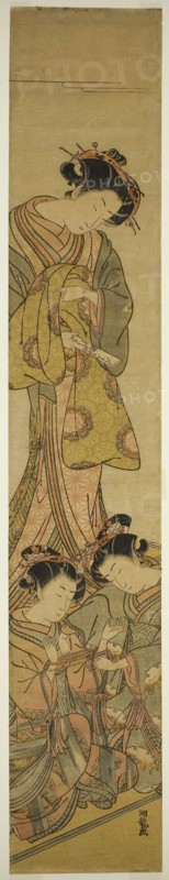 The Courtesan Segawa of Matsubaya Watching Her Attendants Play Cat’s Cradle, c. 1773/75, Isoda Koryusai, Japanese, 1735-1790, Japan, Color woodblock print, hashira-e, 28 1/4 x 4 3/4 in.