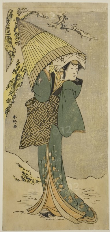 The Actor Nakamura Riko I as Kiyotaki in the Play Oakinai Hiru ga Kojima, Performed at the Nakamura Theater in the Eleventh Month, 1784, c. 1784, Katsukawa Shunko I, Japanese, 1743-1812, Japan, Color woodblock print, hosoban, left sheet of diptych, 32.3 x 15 cm (12 11/16 x 5 7/8 in.)
