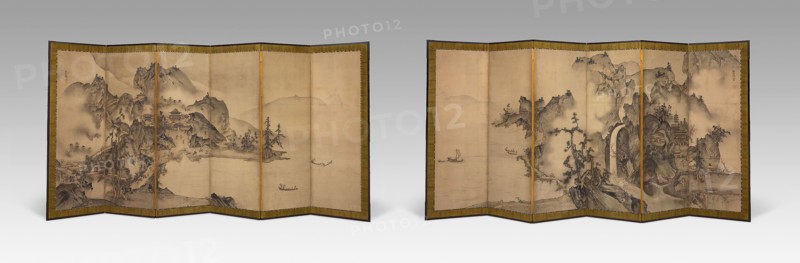 Landscape of the Four Seasons, About 1560, Sesson Shukei, Japanese, c. 1490-after 1577, Japan, Pair of six-panel screens, ink and light color on paper, Each: 174.2 x 357.2 cm