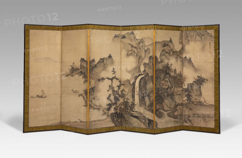 Landscape of the Four Seasons, c. 1560, Sesson Shukei c. 1490-after 1577, Japanese, Japan, Six-panel screen (one of a pair), ink and light colors on paper, 156.5 x 337 cm
