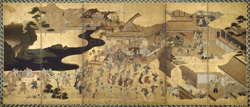 Genre Scenes (Fuzoku byobu), About 1640, Japanese, Japan, Six-fold screen, ink, color, gold and silver on paper, 147.0 cm x 349.0 cm (painting)