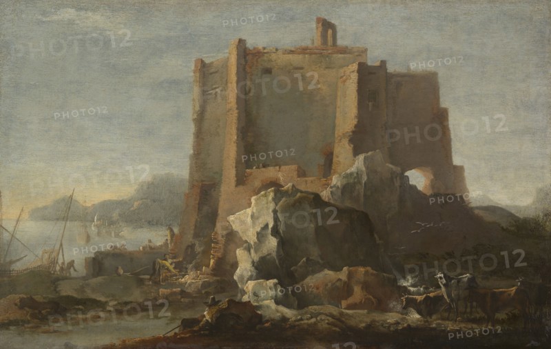 Landscape with Rock and Fortress, c. 1640/50, Domenico Gargiulo (Micco Spadaro), attributed to, Italian, 1609-1675, Italy, Oil on canvas, 22 1/4 x 34 7/8 in. (56.6 x 88.6 cm)