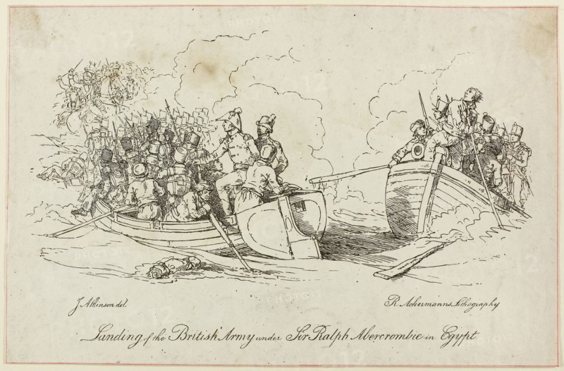 Landing of British Army under Abercrombie, n.d., Unknown Artist, after John Augustus Atkinson (English 1775-1838), published by Rudolph Ackermann (English, 1764-1834), England, Lithograph on paper, 340 × 221 mm (image/sheet)