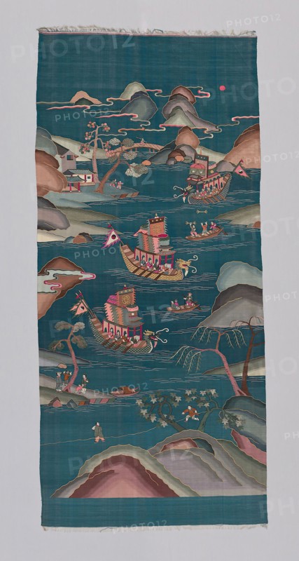 Panel (Furnishing Fabric), Qing dynasty (1644–1911), 1850/1900, Chinese, China, K'o-ssu panel with design of people in dragon boats, on blue ground, 183.5 × 83.3 cm (72 1/4 × 32 3/4 in.)