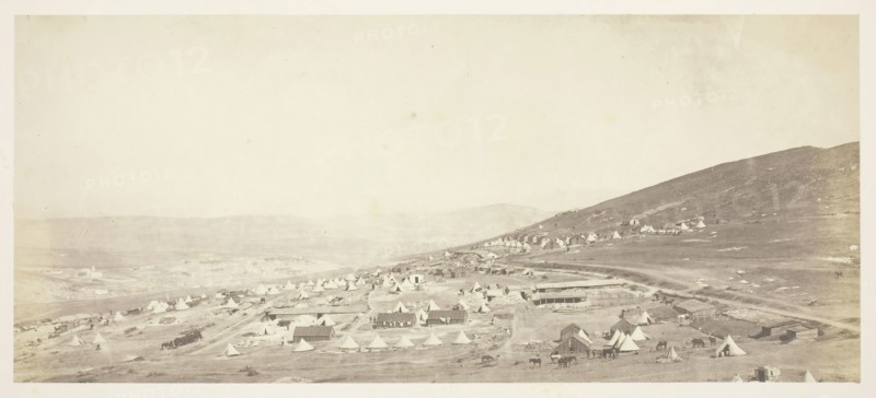 Camp of the 4th Light Dragoons, Officer’s Quarters, 1855, Roger Fenton, English, 1819–1869, England, Salted paper print, from the album "Photographic Pictures of the Seat of War in the Crimea" (1856), 15.6 × 35.8 cm (image/paper), 40.4 × 53.3 cm (mount)