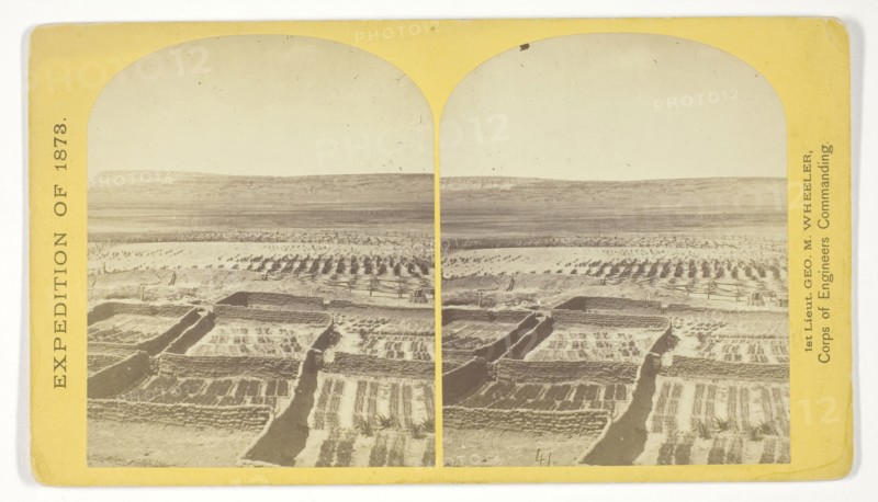 Gardens surrounding the Indian Pueblo of Zuni, in which are raised a variety of vegetables, such as peppers, onions, garlic &c, 1873, Timothy O’Sullivan (American, born Ireland, 1840–1882), commissioned by George Wheeler for the War Department, Corps of Engineers, U.S. Army, United States, Albumen print, stereo, No. 18 from the series "Geographical Explorations and Surveys West of the 100th Meridian