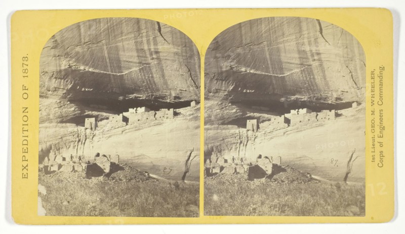 Ruins in Cañon de Chelle, N. M., in a cavity in the wall, 60 feet above present bed of Cañon. Height of walls about 700 feet. The present race of Indians know nothing of the age of these buildings of who occupied them, 1873, Timothy O’Sullivan (American, born Ireland, 1840–1882), commissioned by George Wheeler for the War Department, Corps of Engineers, U.S. Army, United States, Albumen print, stereo, No. 21 from the series Geographical Explorations and Surveys West of the 100th Meridian