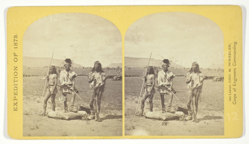 Apache Indians, as they appear ready for the war-path, 1873, Timothy O’Sullivan (American, born Ireland, 1840–1882), commissioned by George Wheeler for the War Department, Corps of Engineers, U.S. Army, United States, Albumen print, stereo, No. 33 from the series "Geographical Explorations and Surveys West of the 100th Meridian