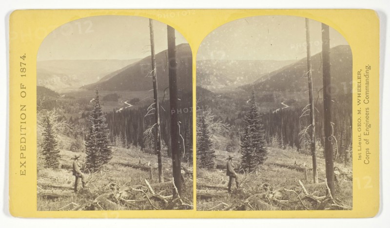 Cañon, Valley of the Conejos River, looking south from vicinity of Lost Lakes, 1874, Timothy O’Sullivan (American, born Ireland, 1840–1882), commissioned by George Wheeler for the War Department, Corps of Engineers, U.S. Army, United States, Albumen print, stereo, No. 36 from the series Geographical Explorations and Surveys West of the 100th Meridian
