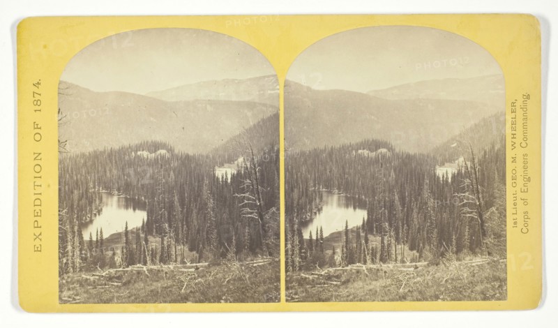 Lost Lakes, head of Conejos Cañon, Colorado, in the Sierra San Juan range, near divide between Conejos and south fork of Alamosa Rivers, surrounded by forest of Douglass spruce, and approximately 11.000 feel above sea-level, 1874, Timothy O’Sullivan (American, born Ireland, 1840–1882), commissioned by George Wheeler for the War Department, Corps of Engineers, U.S. Army, United States, Albumen print, stereo, No. 37 from the series Geographical Explorations and Surveys West of the 100th Meridian