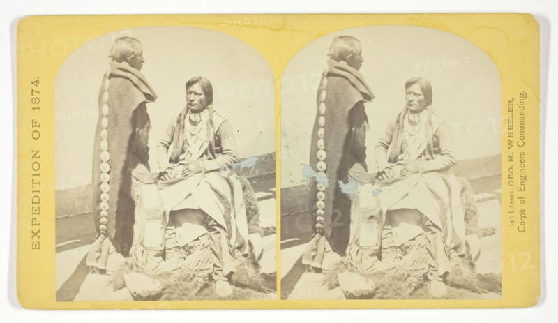 Ute Braves, of the Kah-poh-teh band, Northern New Mexico, in full dress, 1874, Timothy O’Sullivan (American, born Ireland, 1840–1882), commissioned by George Wheeler for the War Department, Corps of Engineers, U.S. Army, United States, Albumen print, stereo, No. 40 from the series "Geographical Explorations and Surveys West of the 100th Meridian