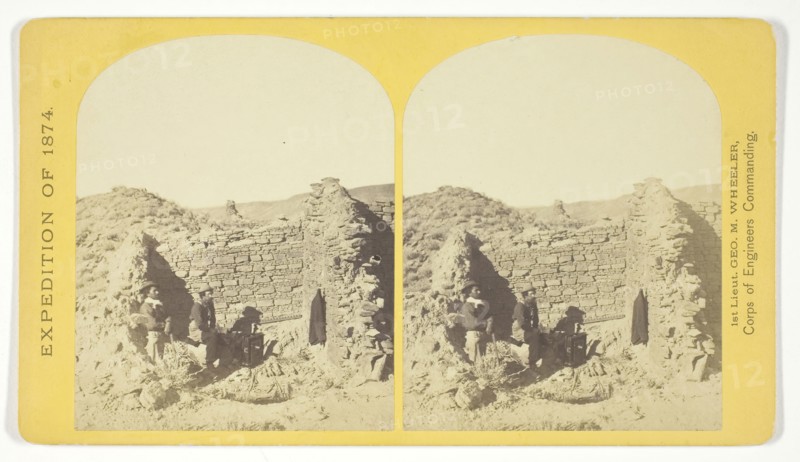 Characteristic ruin, of the Pueblo San Juan, New Mexico, on the north bank of the San Juan River, about 15 miles west of the mouth of Cañon Largo. The present race of Indians know nothing of when or by whom these buildings were constructed. The ruin is about 350 feet square, and built of natural stone, joined together by a mud cement., 1874, Timothy O’Sullivan (American, born Ireland, 1840–1882), commissioned by George Wheeler for the War Department, Corps of Engineers, U.S. Army, United States, Albumen print, stereo, No. 43 from the series Geographical Explorations and Surveys West of the 100th Meridian