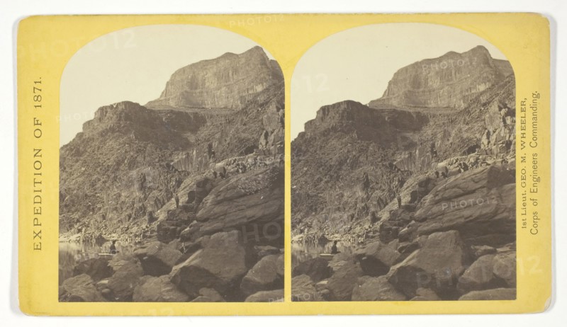 View of Grand Cañon walls, near mouth of Diamond River. From water line to first shelf 1.500 feet, from shelf to top of table 3.500 feet. Distance from point of view to top of walls 3 miles, 1871, Timothy O’Sullivan (American, born Ireland, 1840–1882), commissioned by George Wheeler for the War Department, Corps of Engineers, U.S. Army, United States, Albumen print, stereo, No. 6 from the series Geographical Explorations and Surveys West of the 100th Meridian