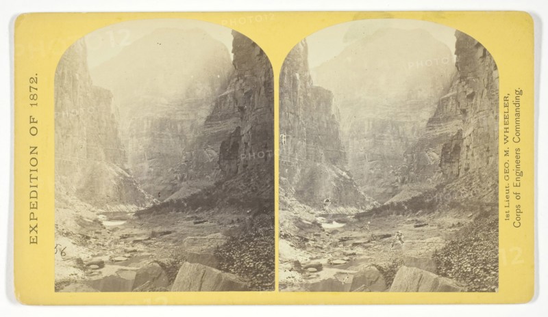 The mouth of Kanab Creek. The beds of the Colorado River and its tributary here lie in gorges cut by the running water to the depth of about 3.500 feet below the general surgace of the country. The highest point seen in the picture is 2.500 feet above the water, and the walls are here too steep to be scaled, 1872, William H. Bell (American, 1830-1910), commissioned by George Wheeler for the War Department, Corps of Engineers, U.S. Army, United States, Albumen print, stereo, No. 10 from the series "Geographical Explorations and Surveys West of the 100th Meridian