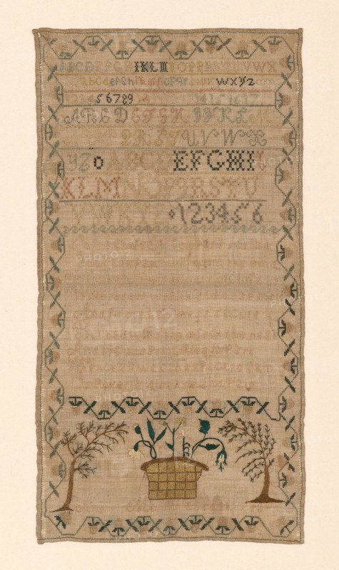 Sampler, 19th century, Ann Morris (American, active c. 19th century), United States, Linen, plain weave, embroidered with silk in chain, cross, eyelet, hem, satin and single satin stitches, 65 x 34 cm (25 5/8 x 13 3/8 in.)