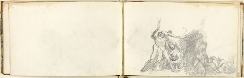 Sketchbook, c. 1793–94, George Romney, English, 1734-1802, England, Book with eleven graphite drawings on cream wove paper, bound in colored marble paperboard cover with brown leather spine and gold stamps, 150 × 245 × 8 mm (closed), 150 × 489 × 8 mm (open)