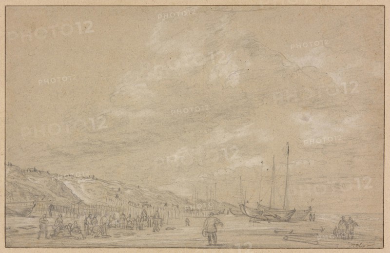 Fishermen Drying Nets on Scheveningen Beach, early 1630s, Simon de Vlieger, Dutch, c. 1600/01-1653, Holland, Black and white chalk on tan laid paper, laid down on tan wove paper, 285 x 444 mm (primary support), 329 x 480 mm (secondary support)