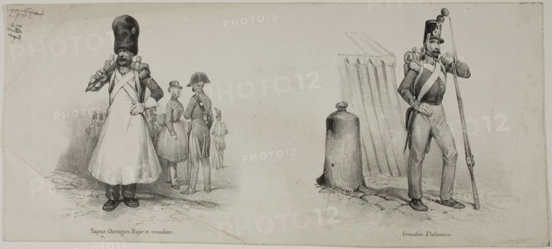 Military Costumes: Sapper (Fireman), Surgeon and Canteen Manager, Grenadier (Musketeer, Infantryman), n.d., Victor Adam, French, 1801-1866, France, Lithograph in black on cream wove paper, 109 × 231 mm (images), 118 × 263 mm (sheet)