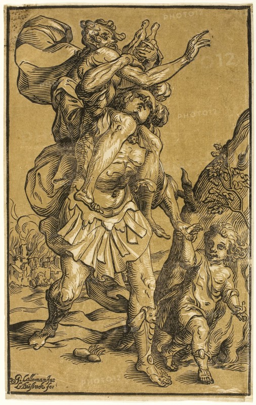 Aeneas Carrying His Father, Anchises, 1643, Ludolph Büsinck (German, 1599/1602–1669), after Georges Lallemand (French, 1575–1636), Germany, Chiaroscuro woodcut printed from two blocks (black line block and beige tone block) on ivory laid paper, 348 x 218 mm (border), 355 x 222 mm (sheet)