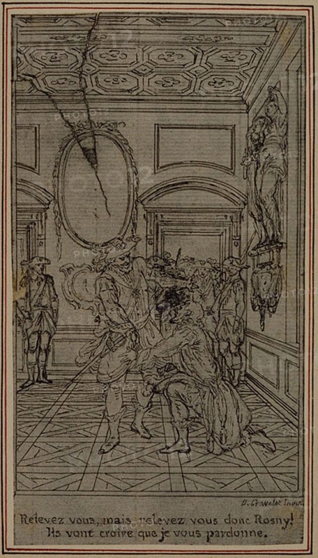 Study for Vignette-Frontispiece of Colle’s La Partie de Chasse de Henri IV, Act I, c. 1766, Hubert François Gravelot, French, 1699-1773, France, Pen and black ink, over traces of graphite, on gray laid paper, incised for transfer and perimeter mounted on cream laid paper, 138 × 76 mm