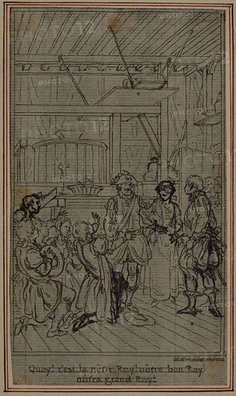 Study for Vignette-Frontispiece of Colle’s La Partie de Chasse de Henri IV, Act III, c. 1766, Hubert François Gravelot, French, 1699-1773, France, Pen and black ink, with graphite, on gray laid paper, incised for transfer and perimeter mounted on cream laid paper, 136 × 77 mm