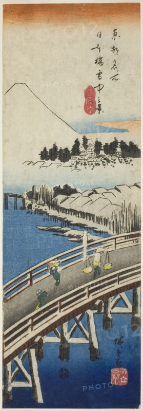 Nihon Bridge seen in the Snow (Nihonbashi setchu no kei), from the series Famous Views in the Eastern Capital (Toto meisho), 1837/38, Utagawa Hiroshige ?? ??, Japanese, 1797–1858, Japan, Color woodblock print, chu-tanzaku, 36.7 x 12.5 cm (14 7/16 x 4 15/16 in.)